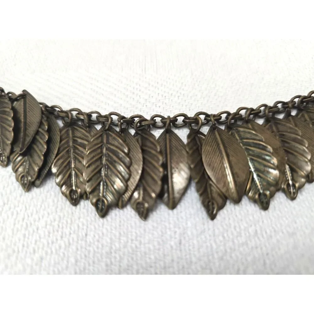 Two Layer Chain & Leaves Necklace Bronze Tone Metal Retired